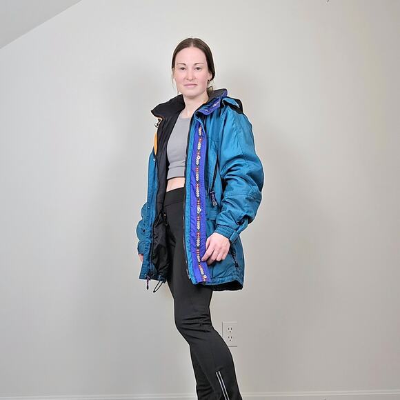 Vintage 80s 90s Ski Coat Winter Jacket Belted Teal Large - Picture 2 of 16